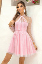 Load image into Gallery viewer, Tie Neck Open Back Mesh Dress
