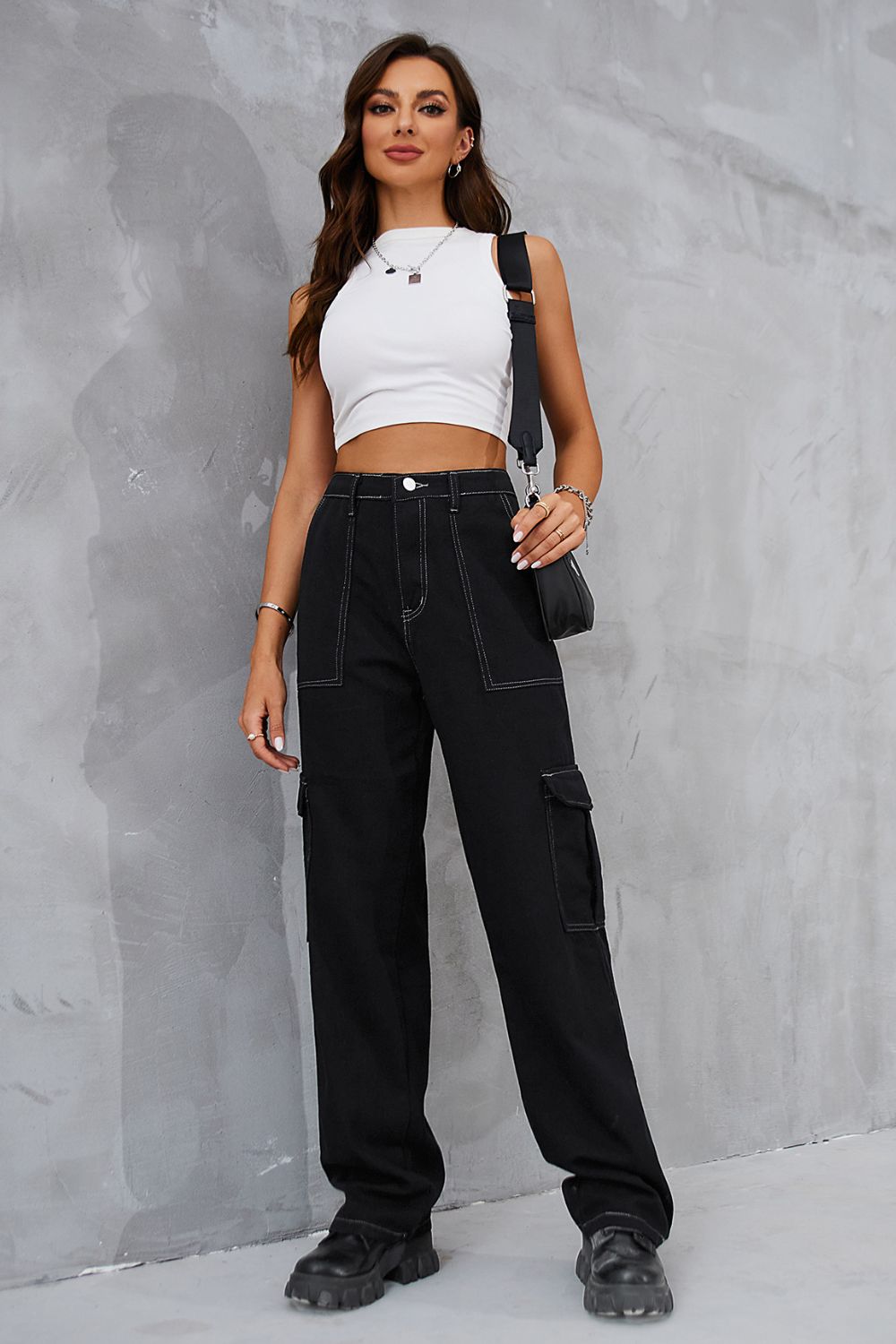 Long Straight Leg Cargo Pants with Pockets