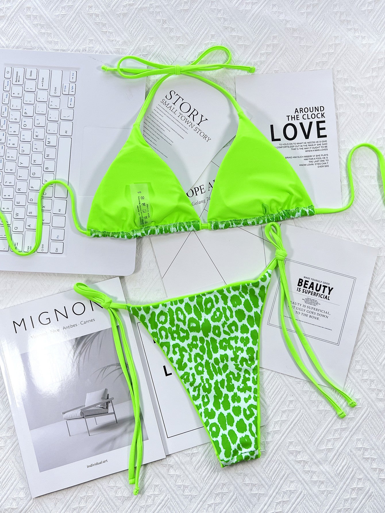 Leopard Print Triangle Bikini Set | Neon Tie-Side Two-Piece
