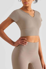 Load image into Gallery viewer, Notched Neck Short Sleeve Cropped Sports Top
