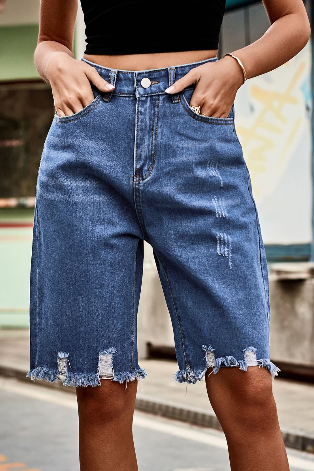 Raw Hem High Waist Denim Bermuda Shorts
