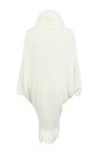 Fringe Detail Long Sleeve Ribbed Poncho