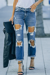 Distressed Frayed Trim Straight Leg Jeans Pants