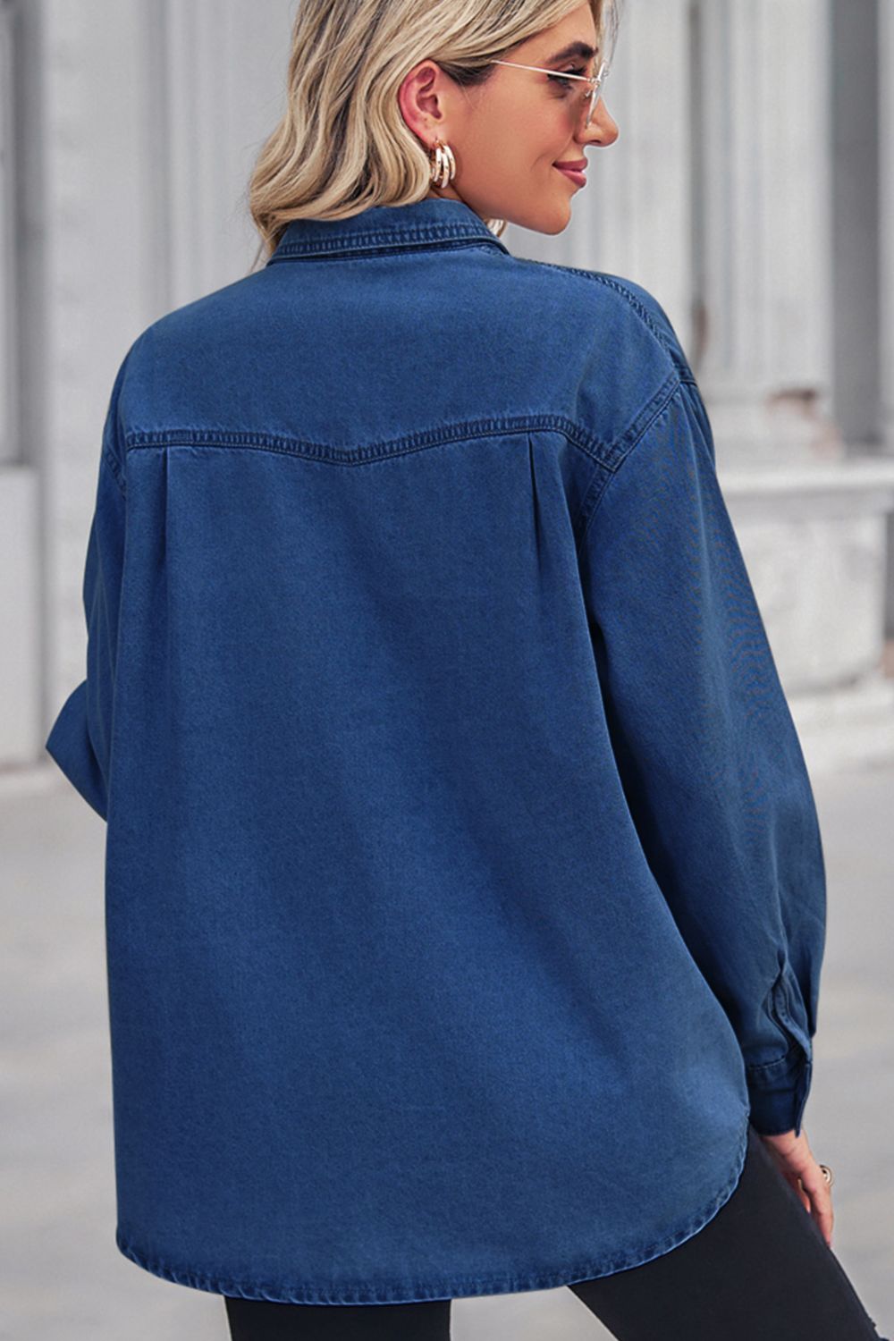 Collared Neck Dropped Shoulder Button-Up Top