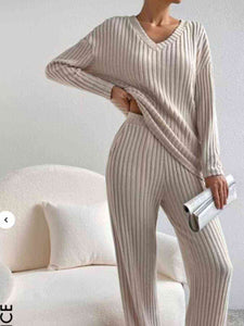 Ribbed V-Neck Long Sleeve Top and Pants Set