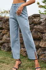 Load image into Gallery viewer, High Waist Loose Fit Ankle Slit Jeans Pants
