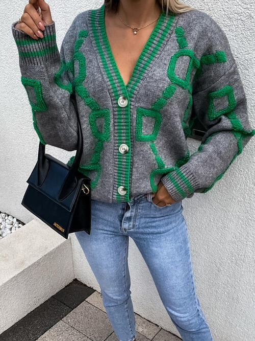 Geometric Dropped Shoulder Button-Down Cardigan