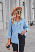 Collared Neck Dropped Shoulder Button-Up Top
