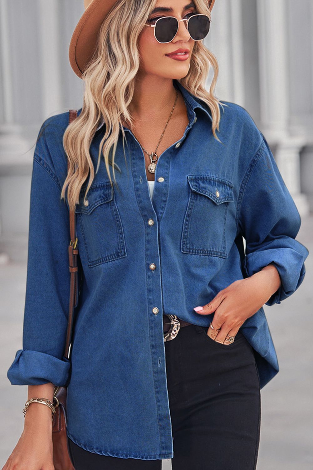 Collared Neck Dropped Shoulder Button-Up Top
