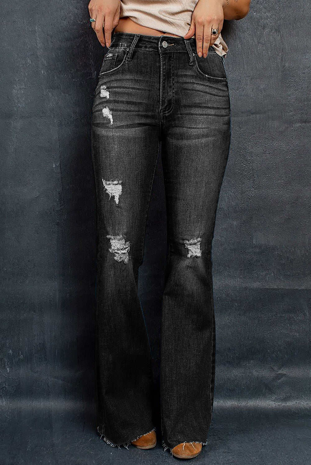 Distressed Raw Hem Flare Jeans Pants