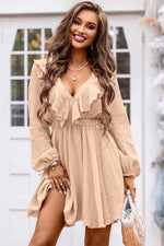 Load image into Gallery viewer, Ruffle Trim V-Neck Long Sleeve Mini Dress
