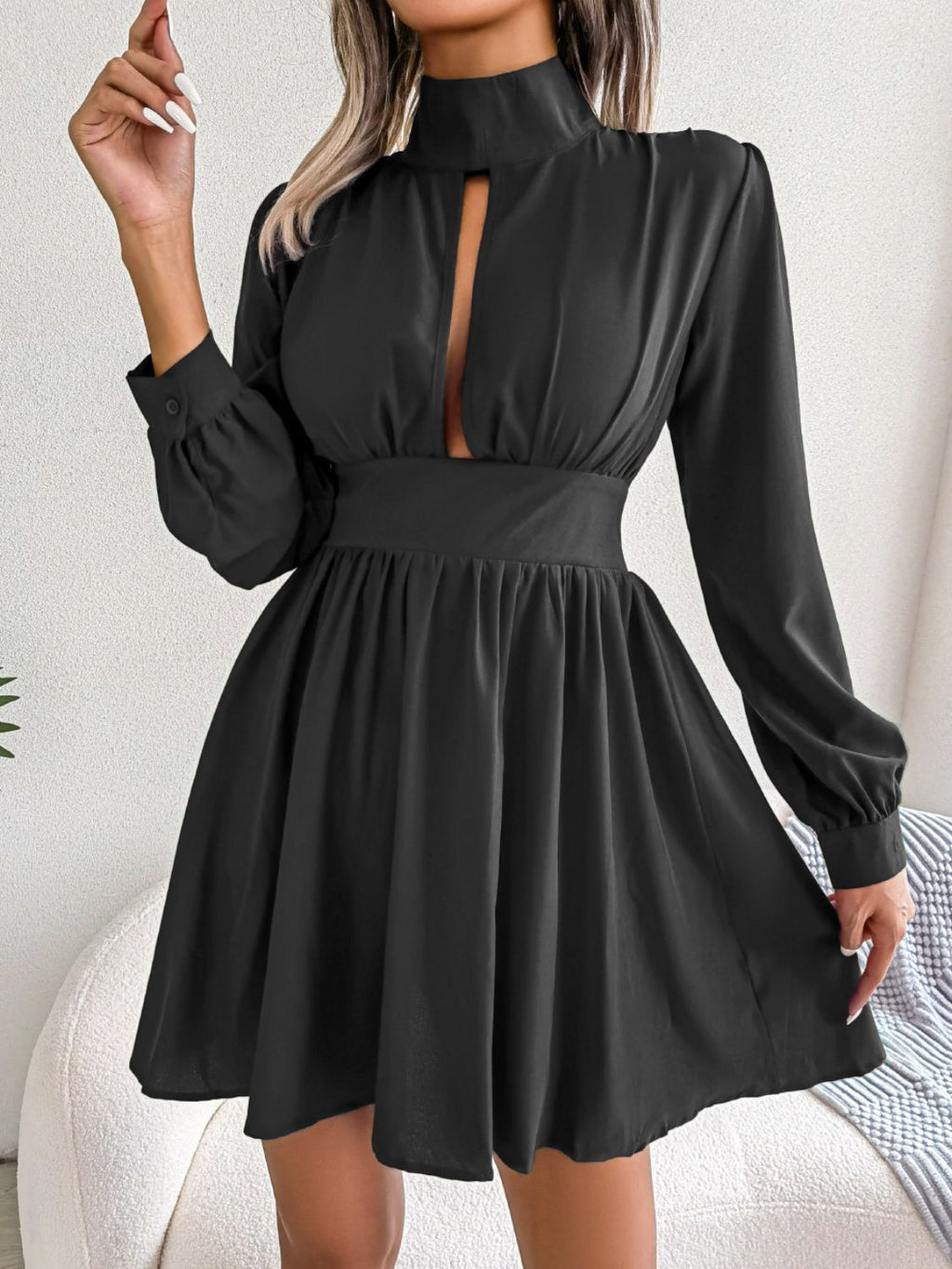 Ruched Keyhole Turtleneck Mini Dress