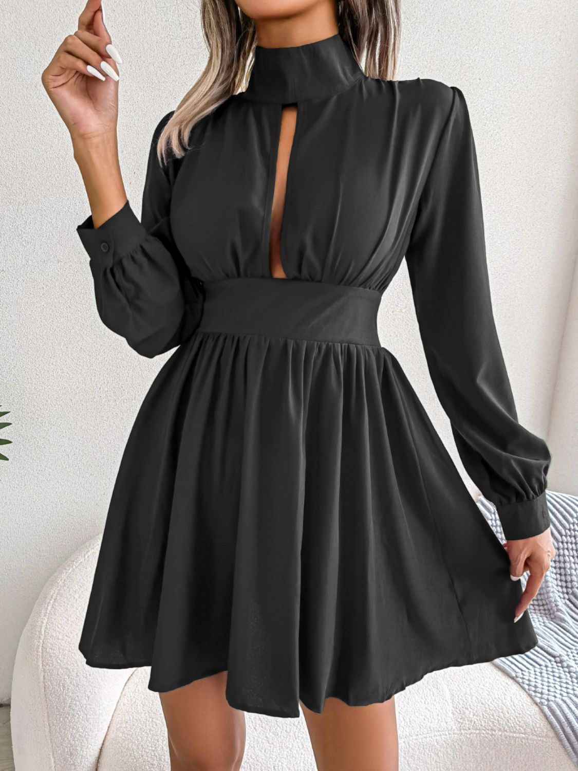 Ruched Keyhole Turtleneck Mini Dress