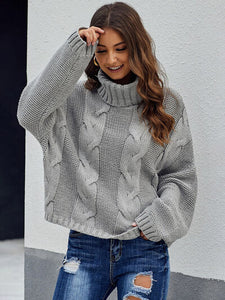 Cable-Knit Turtleneck Dropped Shoulder Sweater