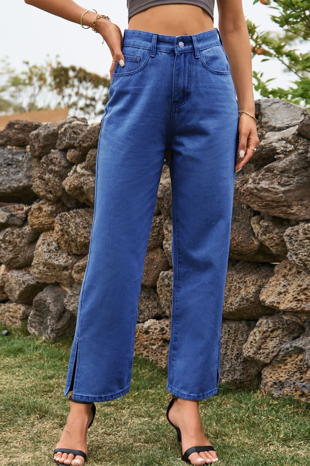High Waist Loose Fit Ankle Slit Pants