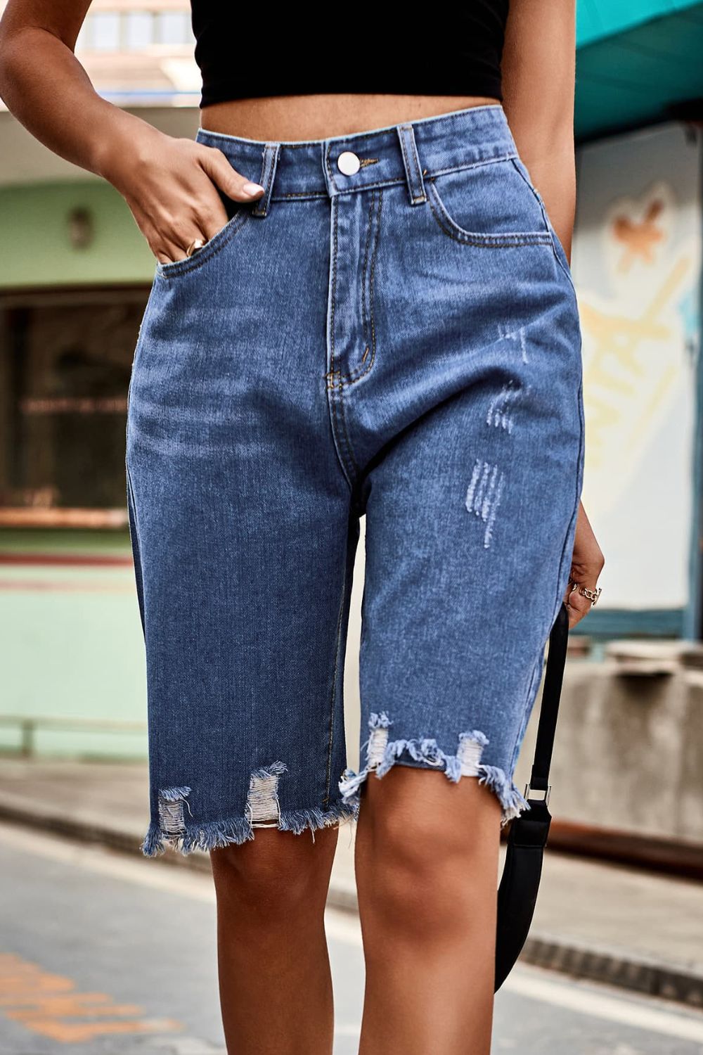 Raw Hem High Waist Denim Bermuda Shorts