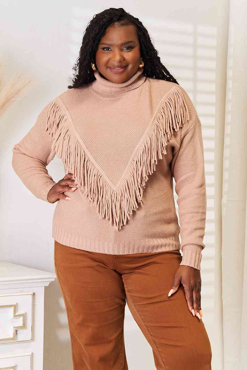 Turtleneck Fringe Front Long Sleeve Sweater