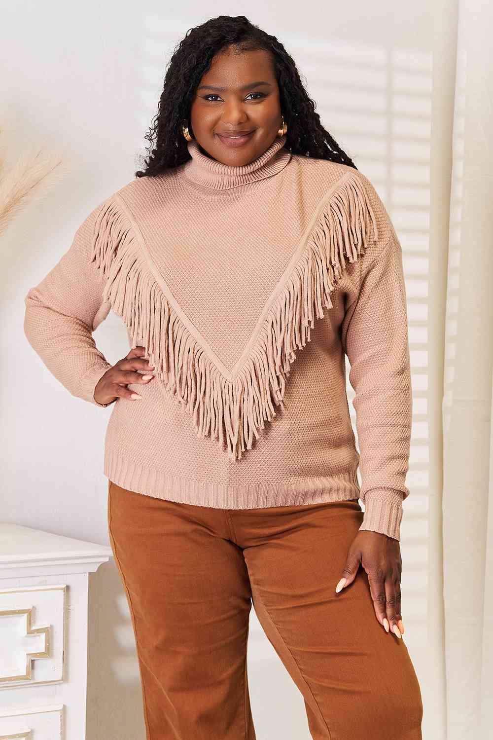 Fringe Front Turtleneck Sweater – Cozy Knit Long Sleeve