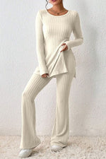 Load image into Gallery viewer, Ribbed Long Sleeve Slit Top and Bootcut Pants Set
