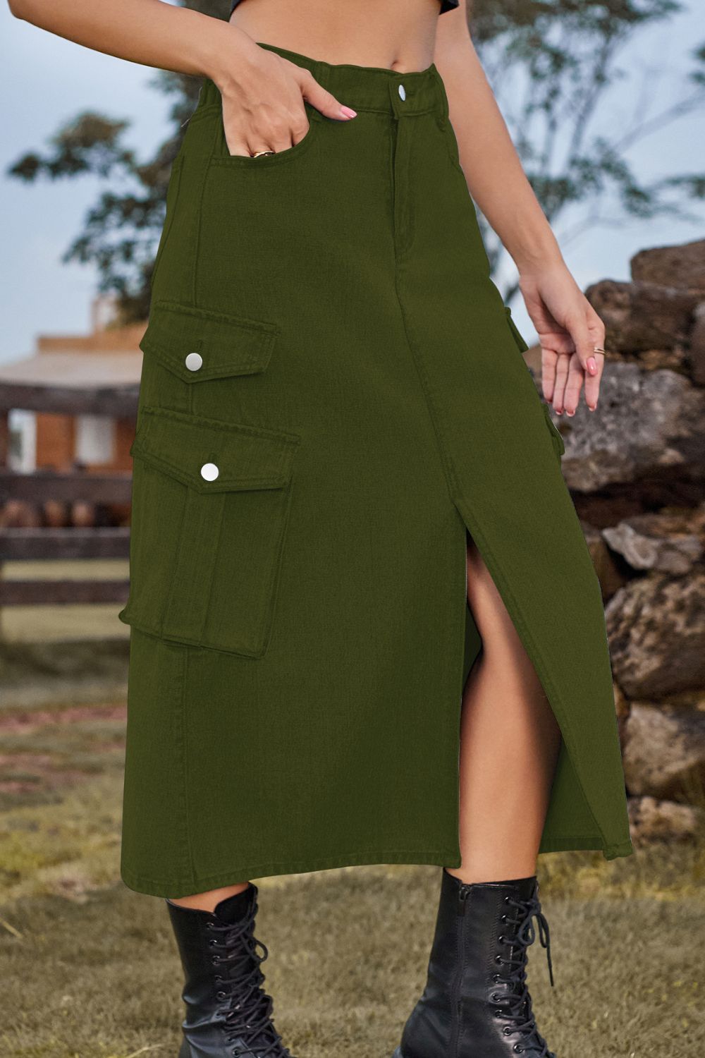 Slit Front Midi Skirt with Pockets