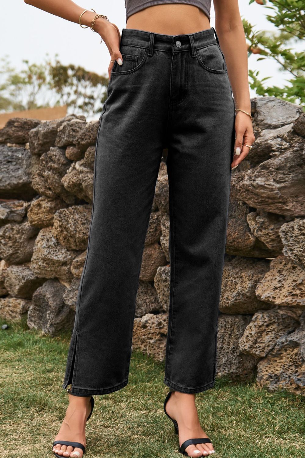 High Waist Loose Fit Ankle Slit Pants