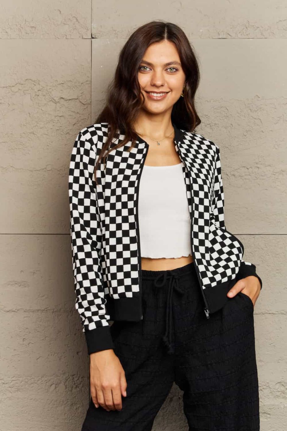 Full Size Plaid Round Neck Long Sleeve Jacket