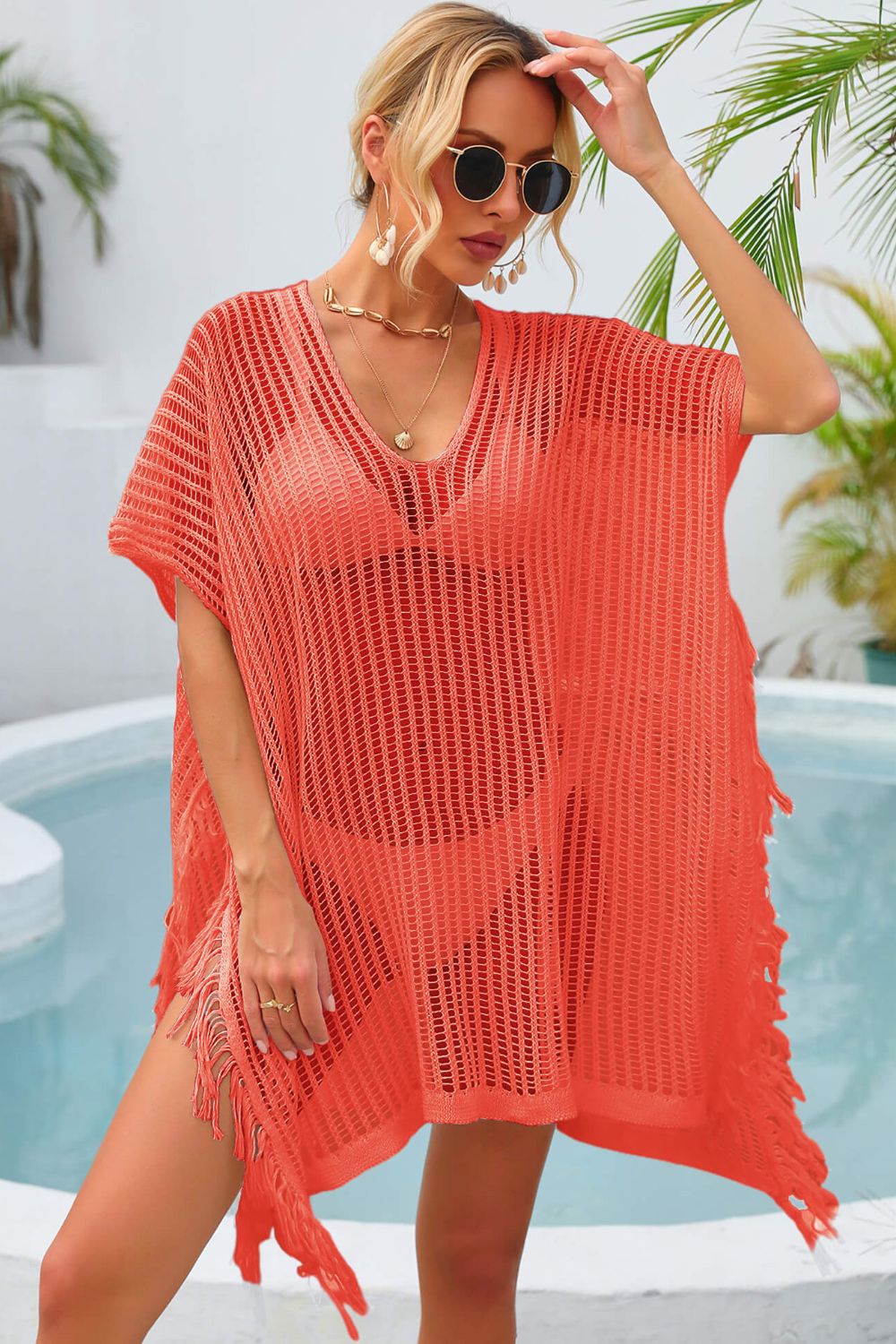 Fringe Trim Openwork Short Sleeve Cover-Up