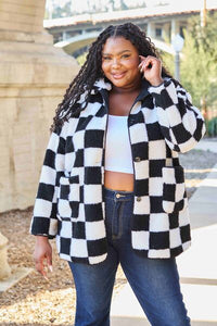 Checkered Button Front Coat with Pockets