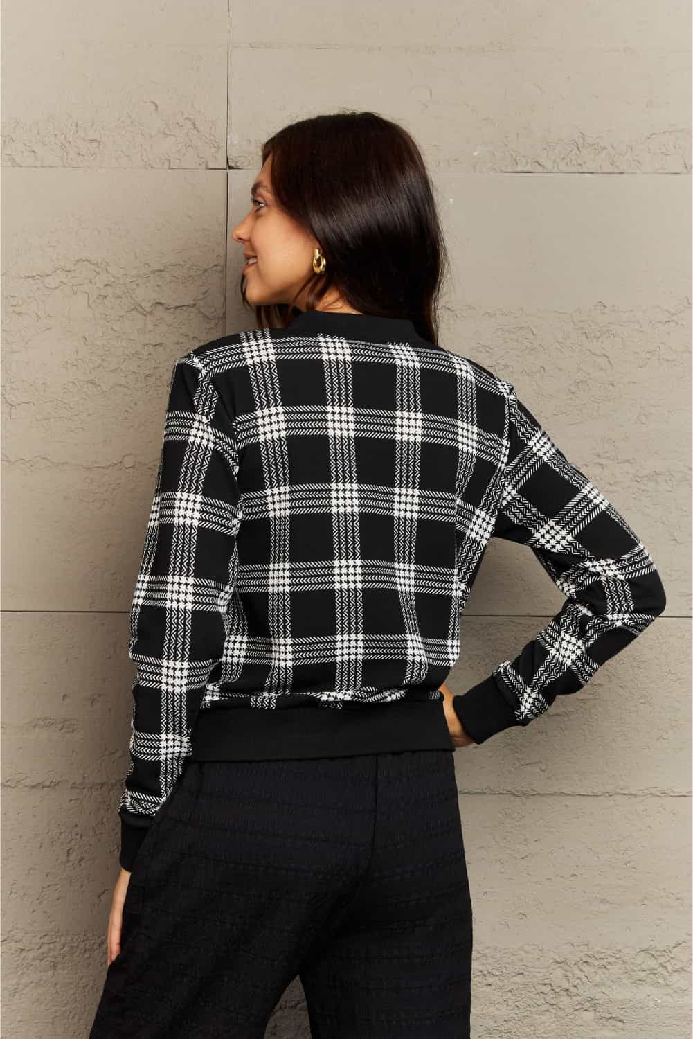 Full Size Plaid Round Neck Long Sleeve Jacket