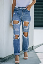 Load image into Gallery viewer, Distressed Frayed Trim Straight Leg Jeans Pants
