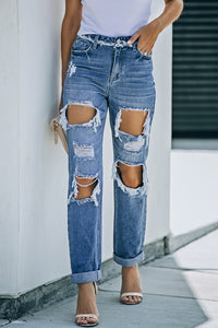 Distressed Frayed Trim Straight Leg Jeans Pants