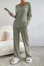 Load image into Gallery viewer, Ribbed V-Neck Top and Pants Set
