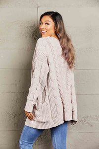 Cable-Knit Open Front Cardigan with Front Pockets