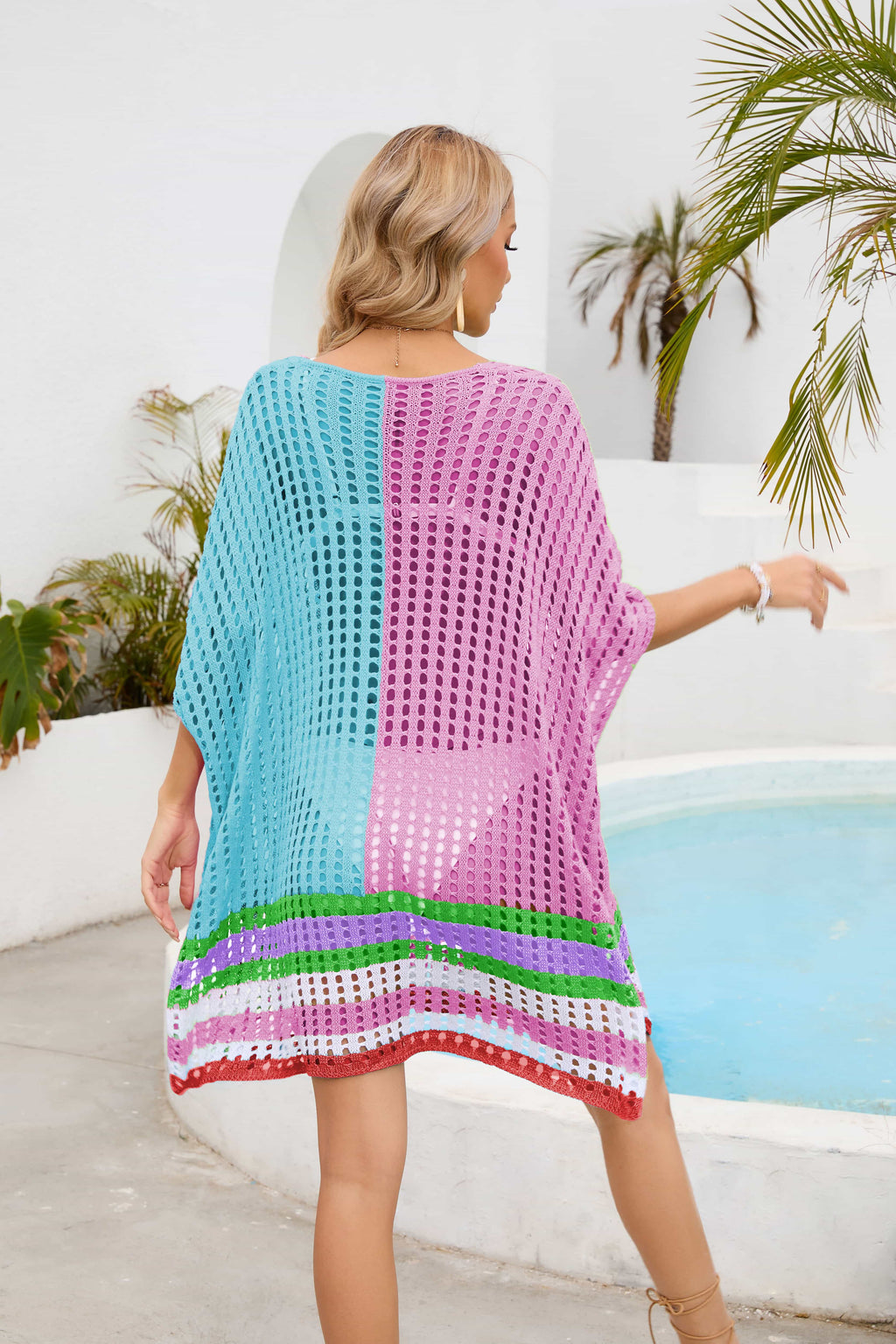 Contrast Openwork Half Sleeve Scoop Neck Cover-Up