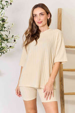 Load image into Gallery viewer, Ribbed Round Neck Top and Shorts Lounge Set
