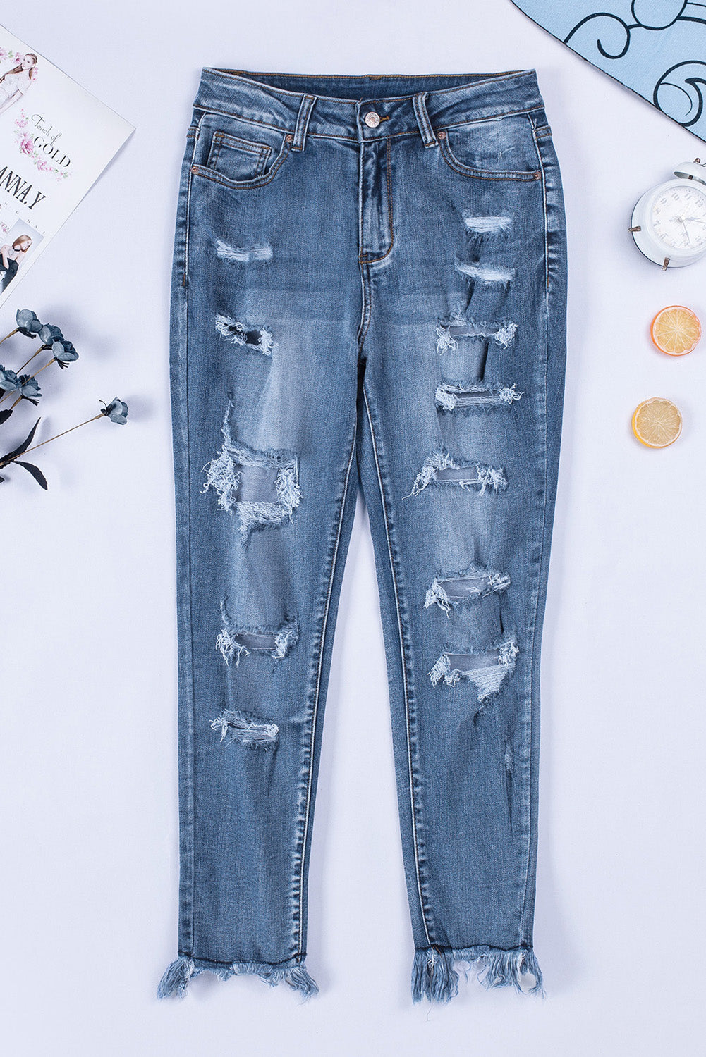 Distressed Frayed Hem Cropped Jeans Pants