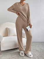 Load image into Gallery viewer, Ribbed V-Neck Long Sleeve Top and Pants Set

