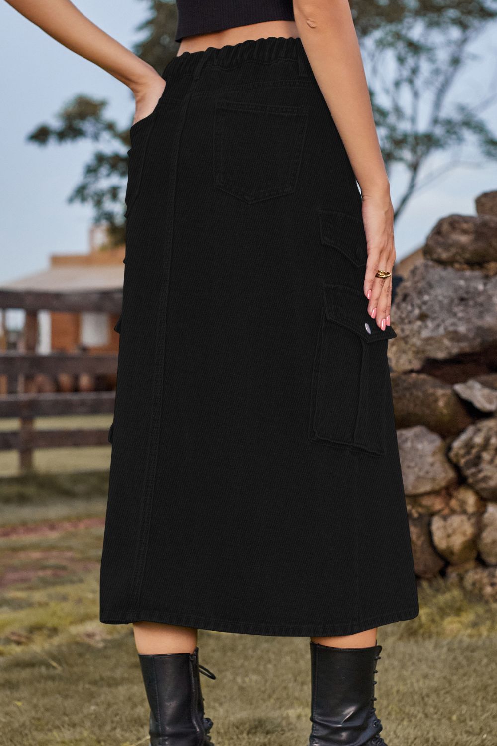 Slit Front Midi Skirt with Pockets