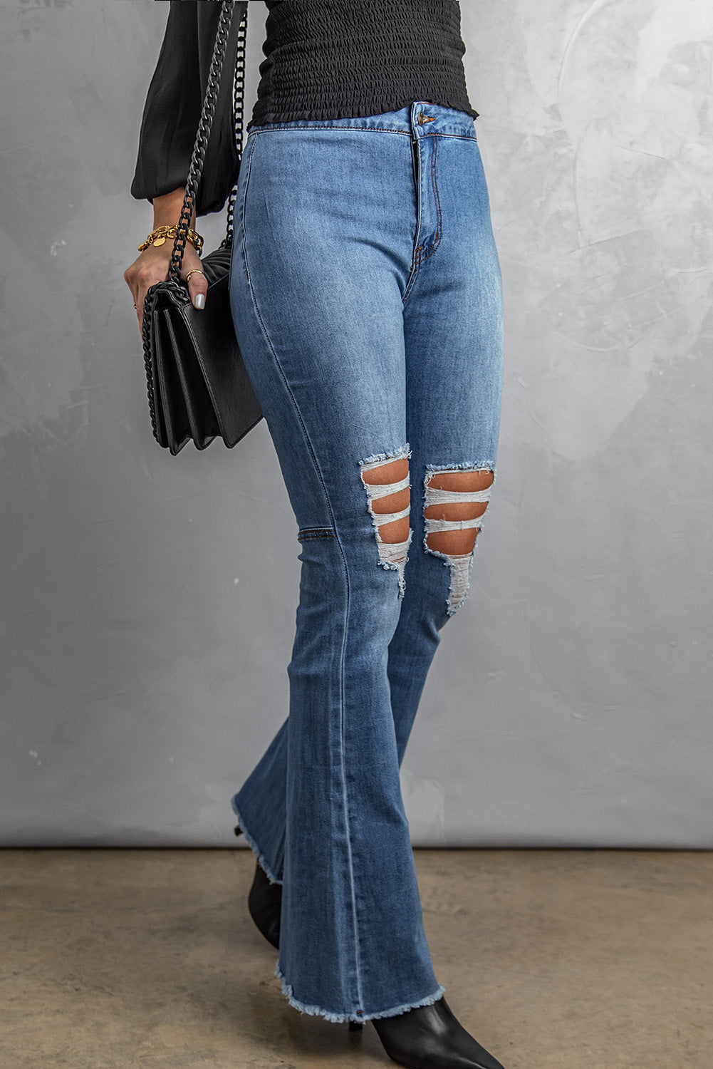 Distressed Raw Hem High-Waist Flare Jeans Pants