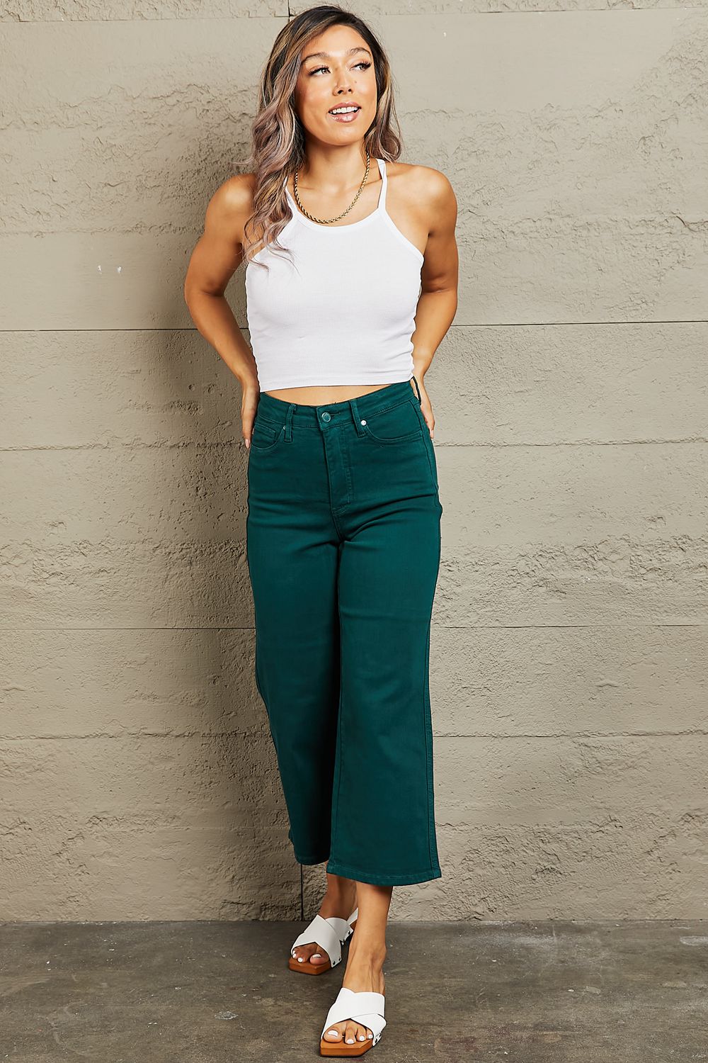 Full Size Tummy Control High Waisted Cropped Wide Leg Jean Pants