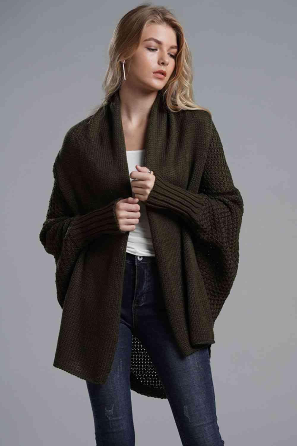 Dolman Sleeve Open Front Ribbed Longline Cardigan