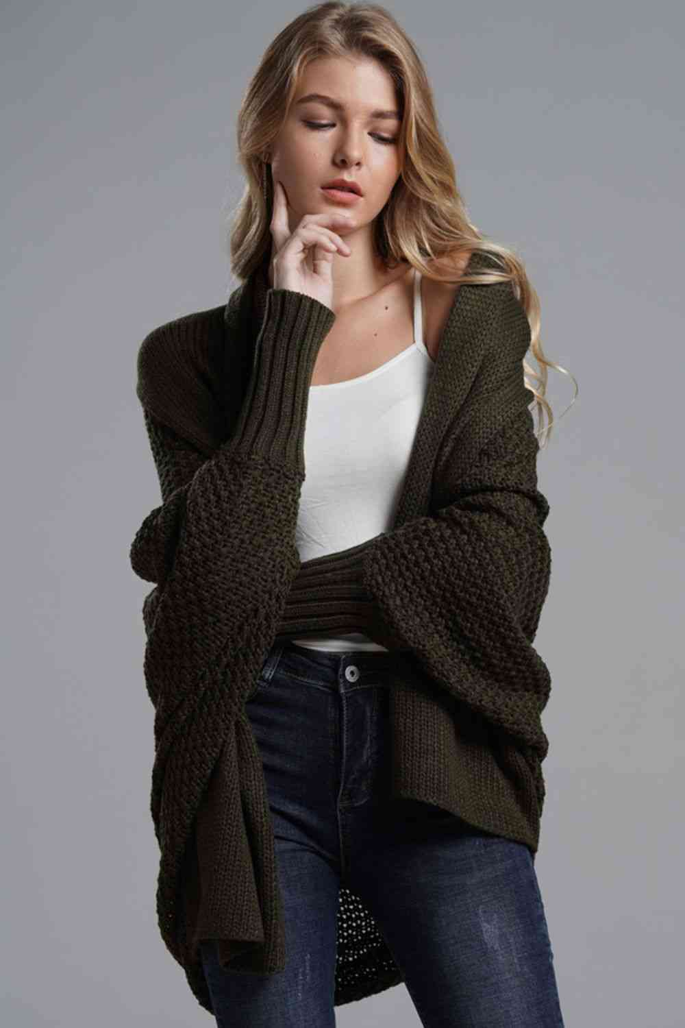 Dolman Sleeve Open Front Ribbed Longline Cardigan