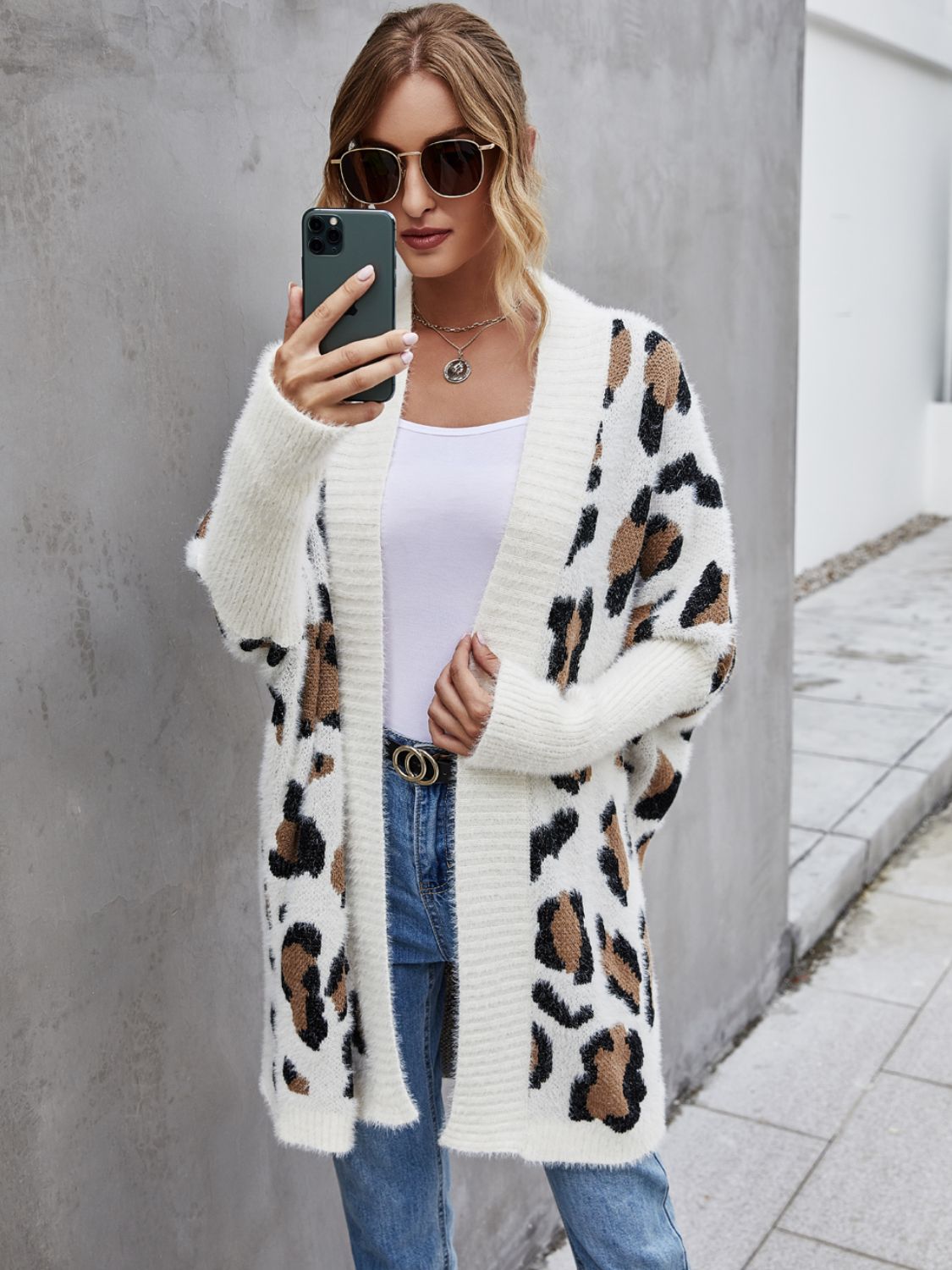 Leopard Print Fuzzy Open Front Cardigan