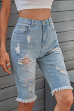 Load image into Gallery viewer, Distressed Raw Hem Denim Bermuda Shorts
