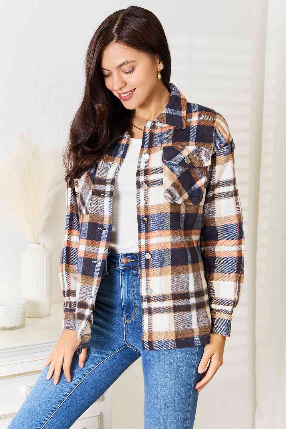 Plaid Button Front Shirt Jacket with Breast Pockets