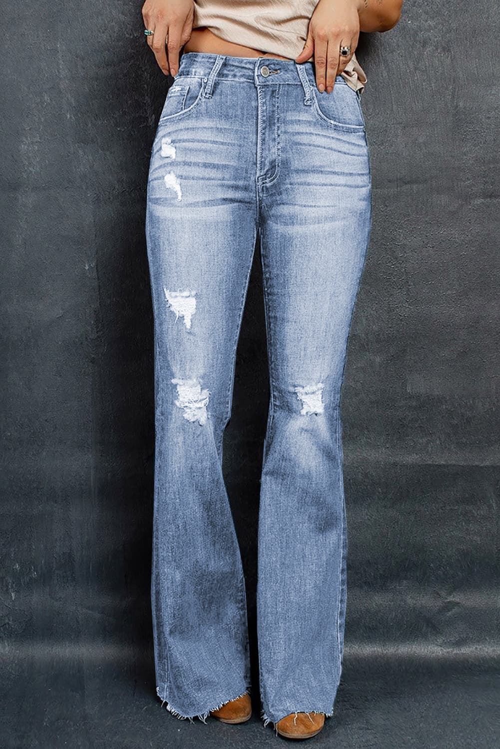 Distressed Raw Hem Flare Jeans Pants