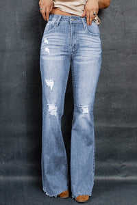 Distressed Raw Hem Flare Jeans Pants