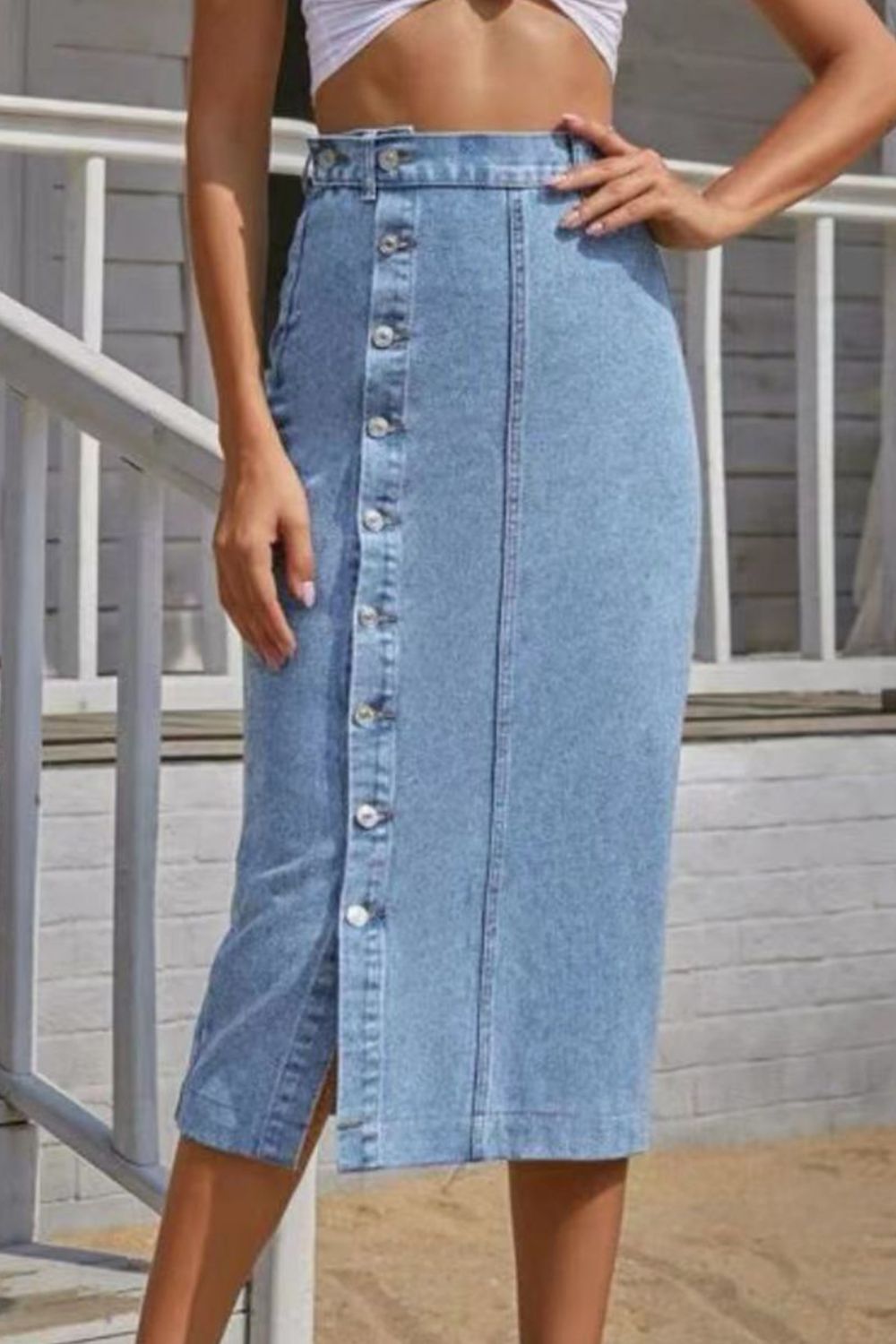 Button Fly Split Denim Midi Skirt