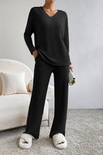 Load image into Gallery viewer, Ribbed V-Neck Lounge Set – Cozy Two-Piece Outfit for Everyday Comfort
