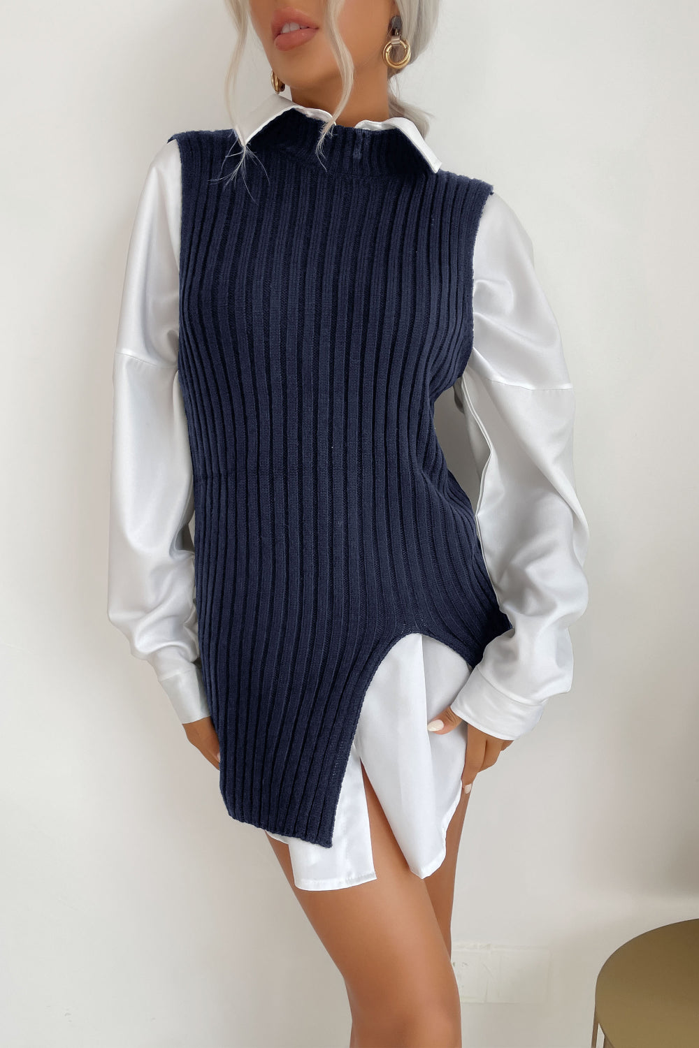 Ribbed Slit Hem Sweater Vest Dress